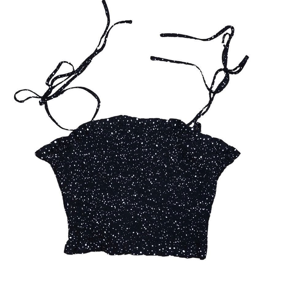 English Factory Black White Smocked Crop Top Shoulder Tie Women's Size Small